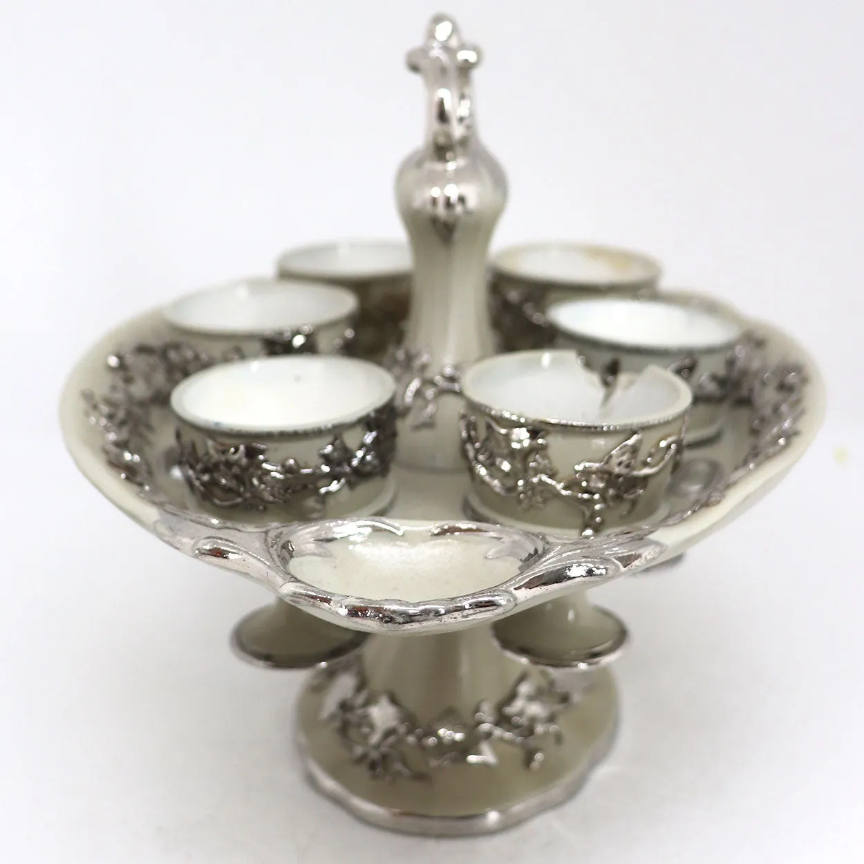 German Villeroy & Boch Silver Luster Ironstone Pottery 6-Cup Egg Cruet Stand