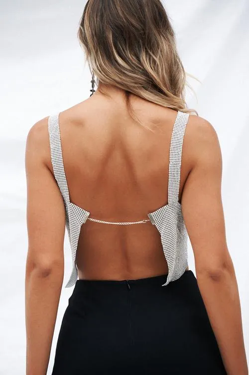Gold Rhinestone Metal Mesh Straight Cut Top