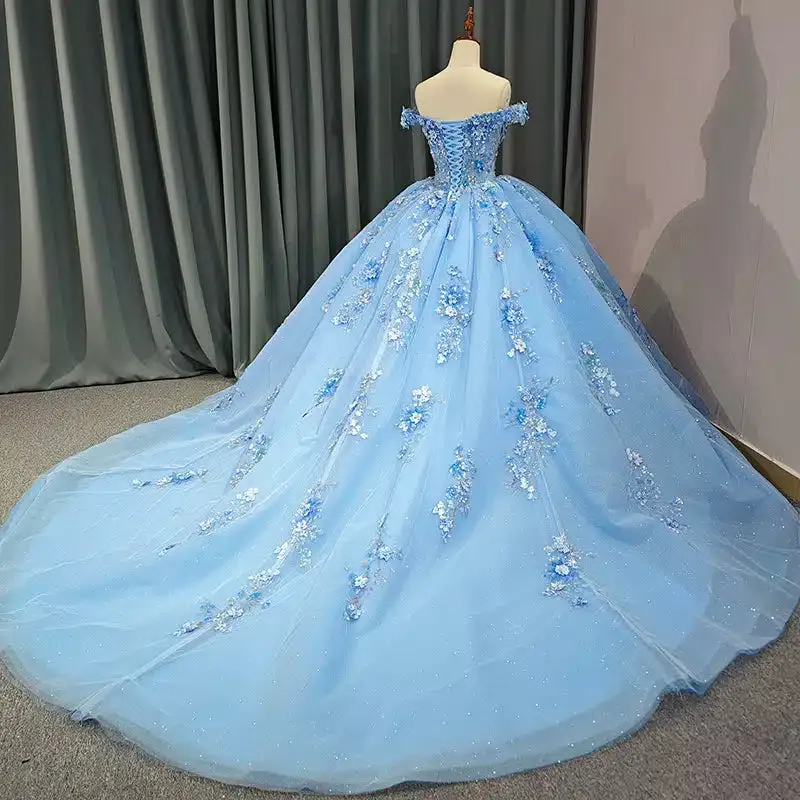 Gorgeous Off-the-shoulder Party Dresses Sweetheart Ball Gown with Pearls And Flower Appliques