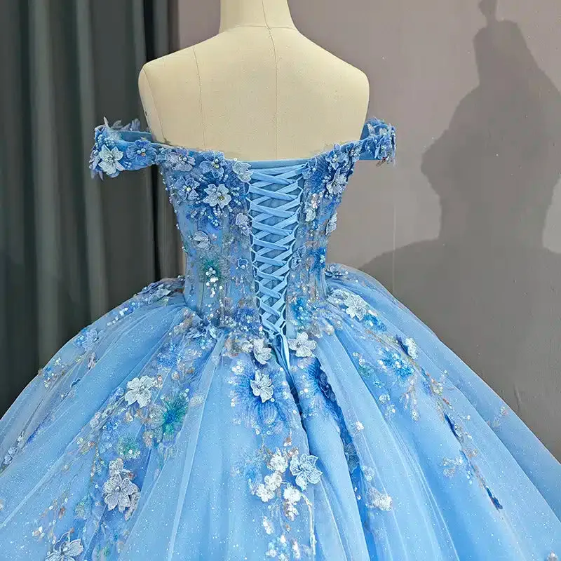 Gorgeous Off-the-shoulder Party Dresses Sweetheart Ball Gown with Pearls And Flower Appliques