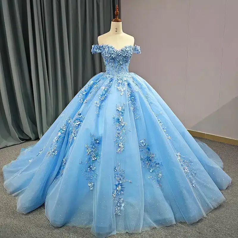 Gorgeous Off-the-shoulder Party Dresses Sweetheart Ball Gown with Pearls And Flower Appliques