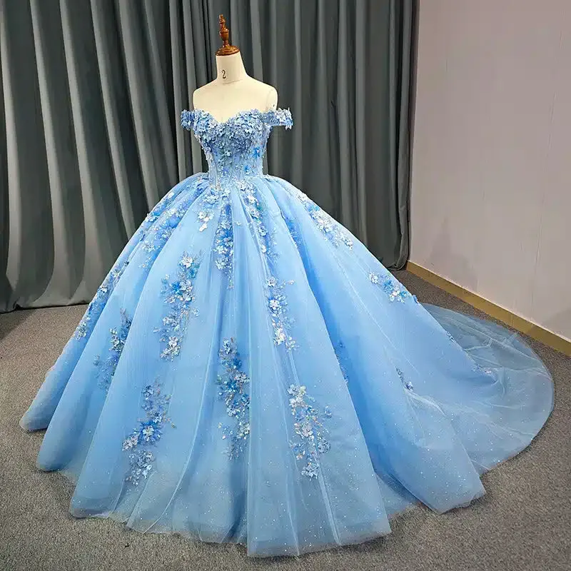 Gorgeous Off-the-shoulder Party Dresses Sweetheart Ball Gown with Pearls And Flower Appliques