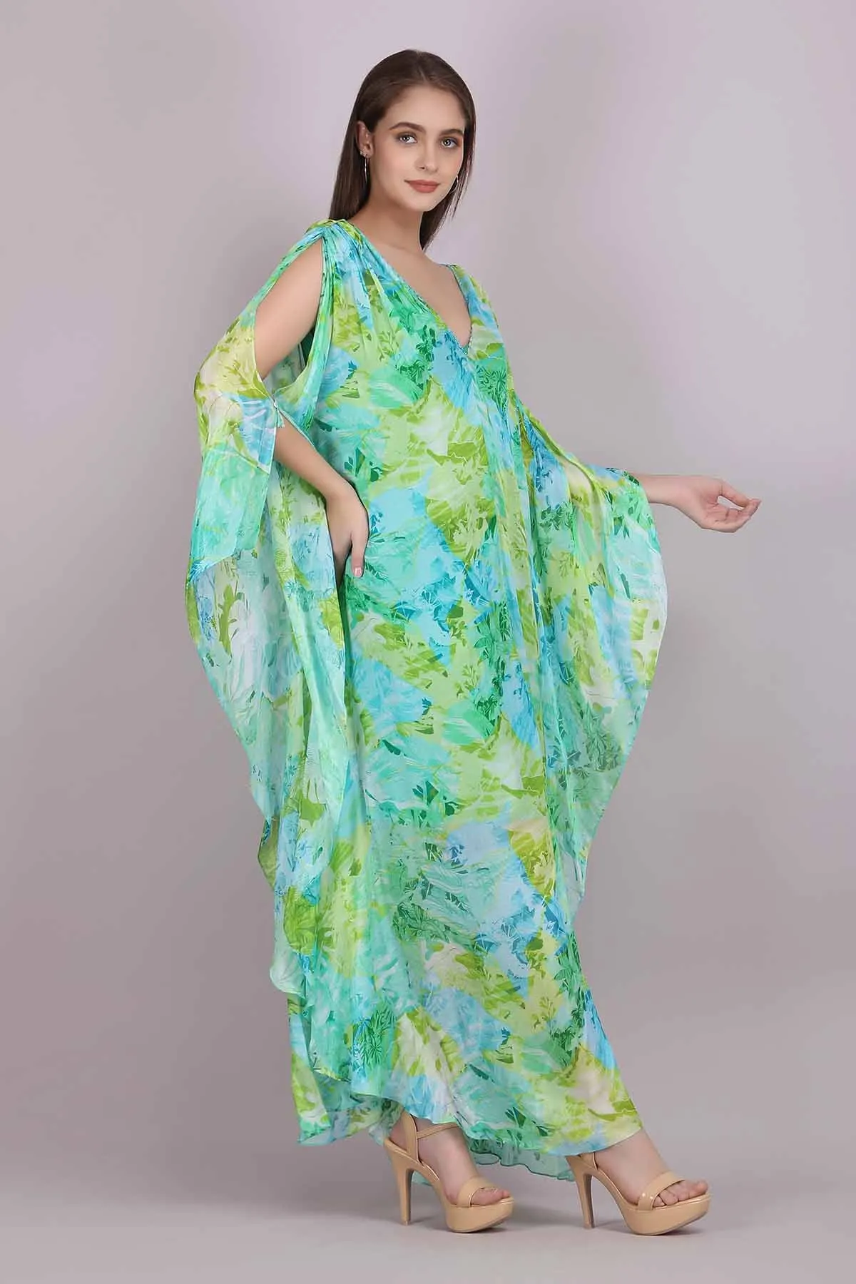 Green Chiffon Printed Kaftan