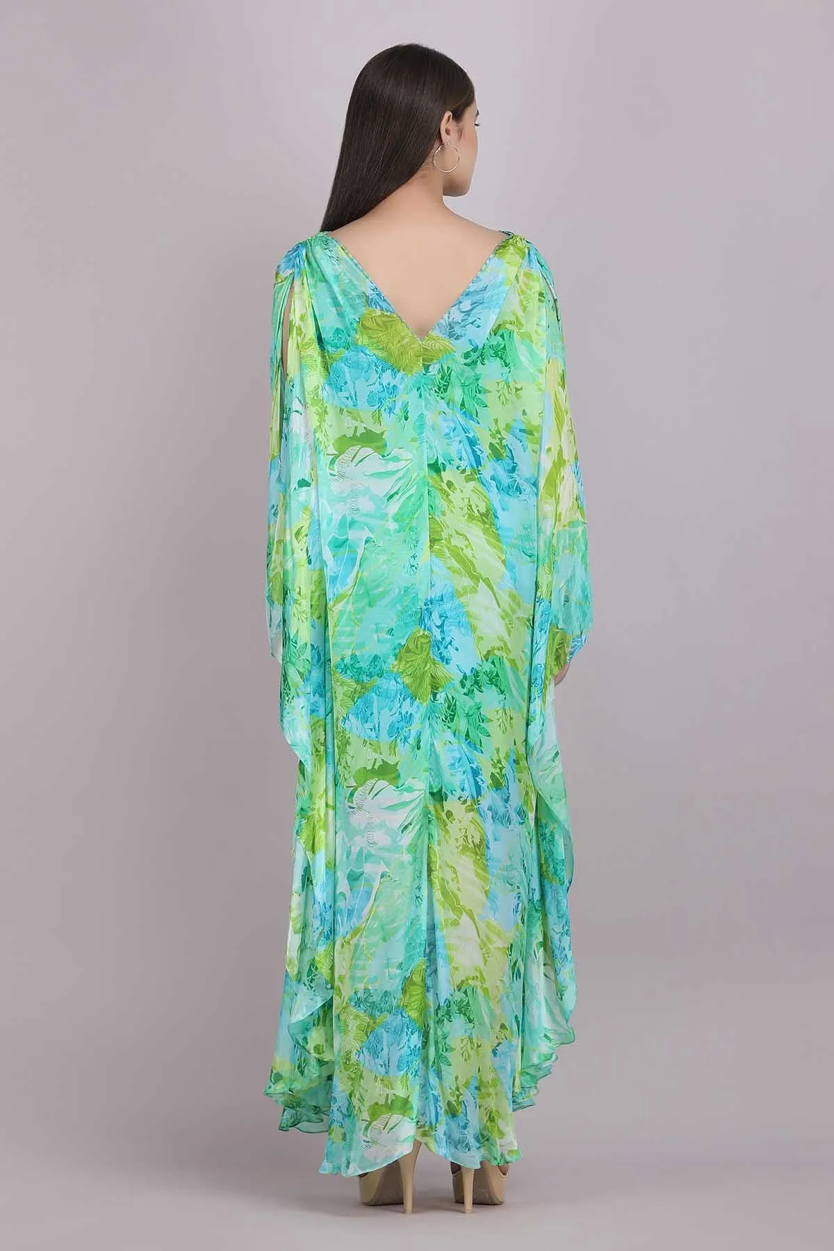 Green Chiffon Printed Kaftan