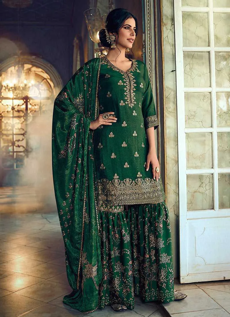 Green Silk Work Printed Gharara Style Suit