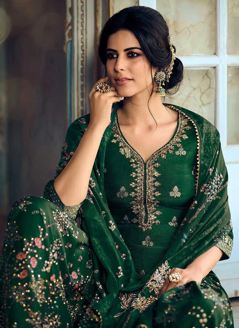 Green Silk Work Printed Gharara Style Suit