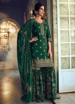 Green Silk Work Printed Gharara Style Suit