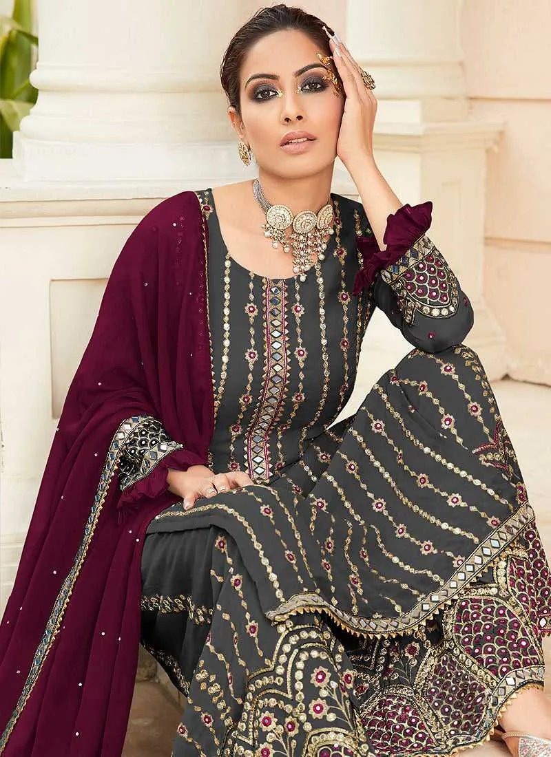 Grey Embroidered Mirror Work Palazzo Style Suit