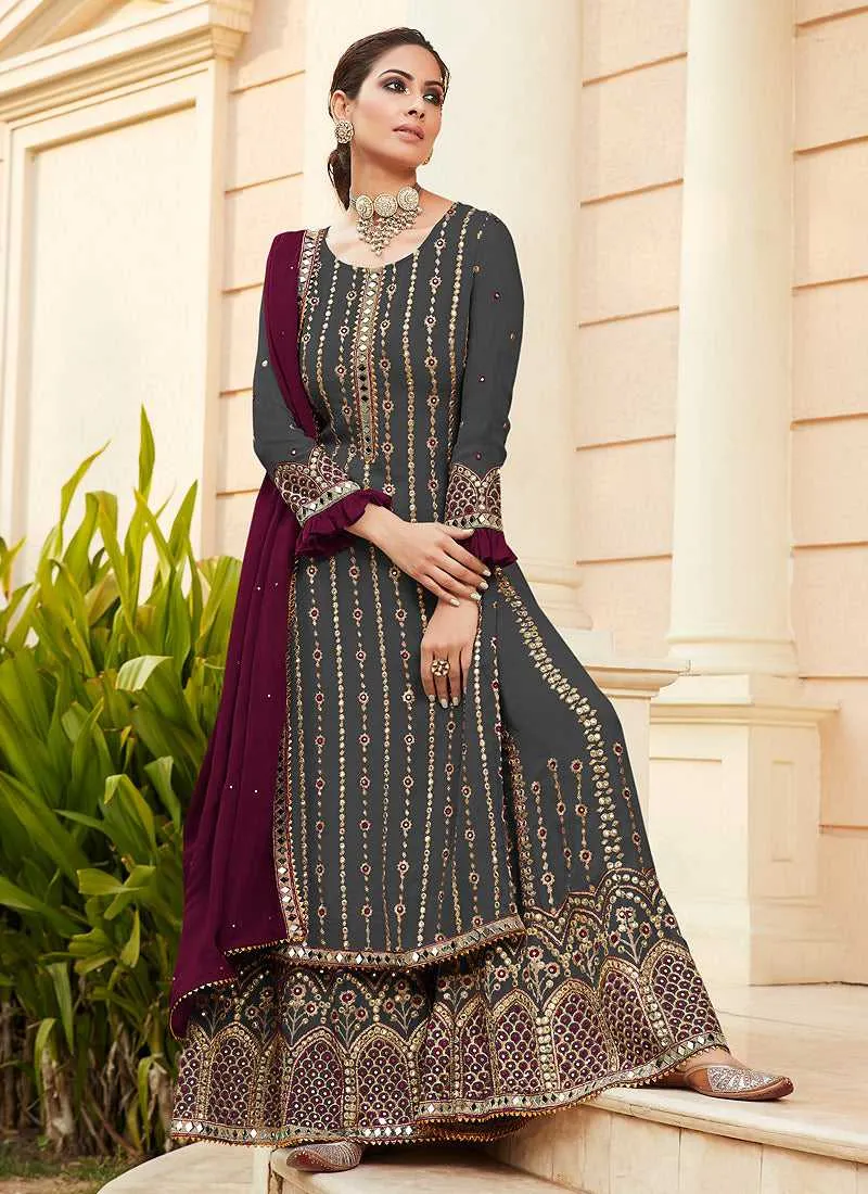 Grey Embroidered Mirror Work Palazzo Style Suit
