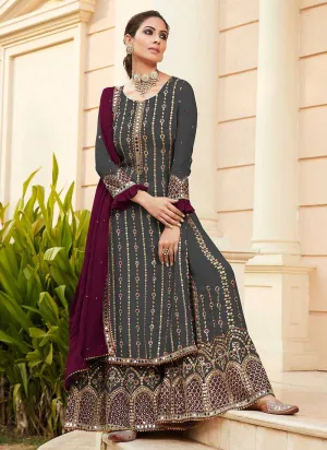 Grey Embroidered Mirror Work Palazzo Style Suit