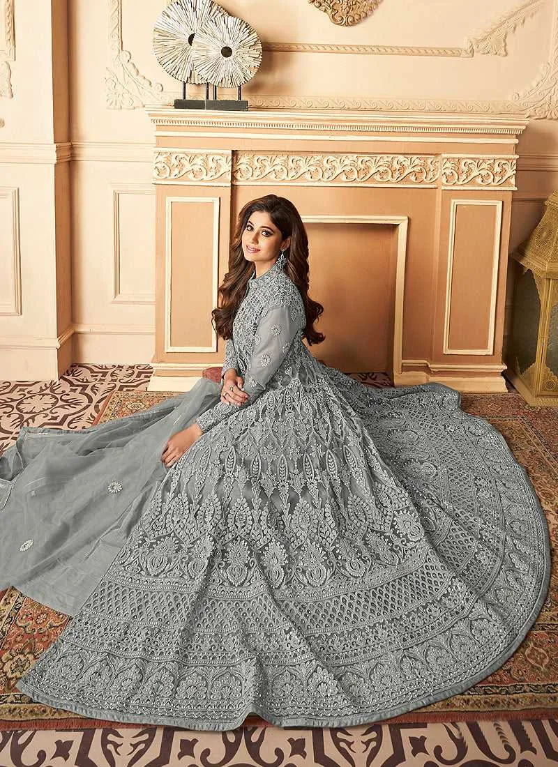 Grey Lucknowi Work Embroidered Anarkali style Lehenga