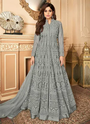 Grey Lucknowi Work Embroidered Anarkali style Lehenga