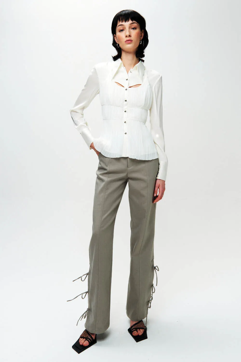 HAN WEN STUDIO Silk Mixed Pleated Shirt in White