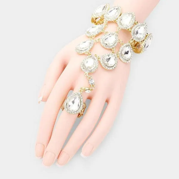 Hand Chain Clear Crystal Rhinestone Pave Evening Bracelet & Ring