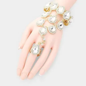 Hand Chain Clear Crystal Rhinestone Pave Evening Bracelet & Ring