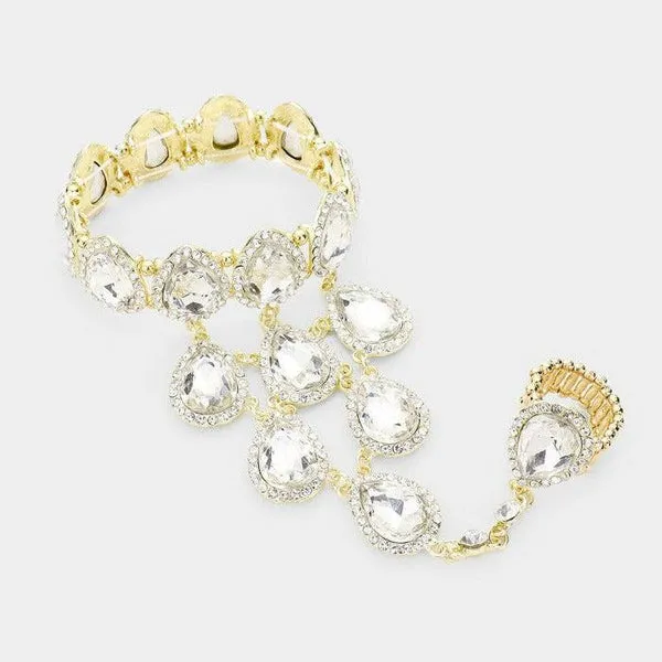Hand Chain Clear Crystal Rhinestone Pave Evening Bracelet & Ring