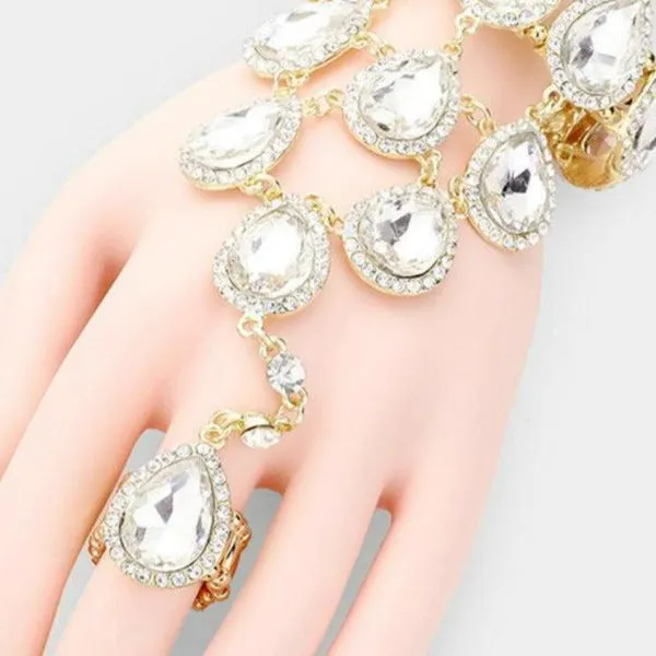 Hand Chain Clear Crystal Rhinestone Pave Evening Bracelet & Ring