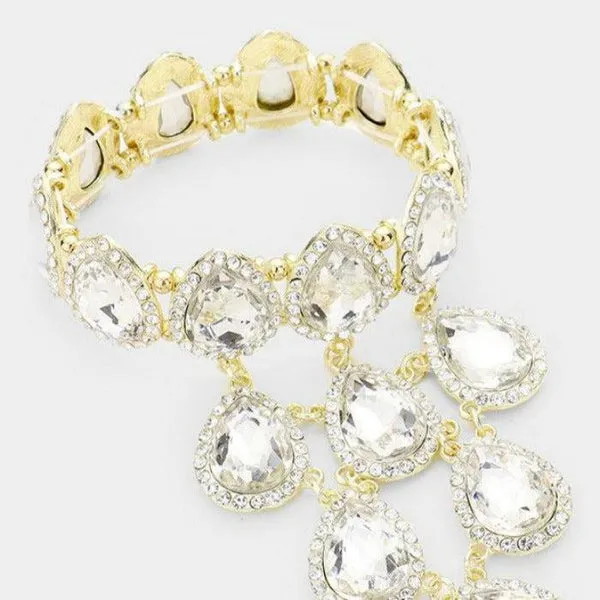 Hand Chain Clear Crystal Rhinestone Pave Evening Bracelet & Ring
