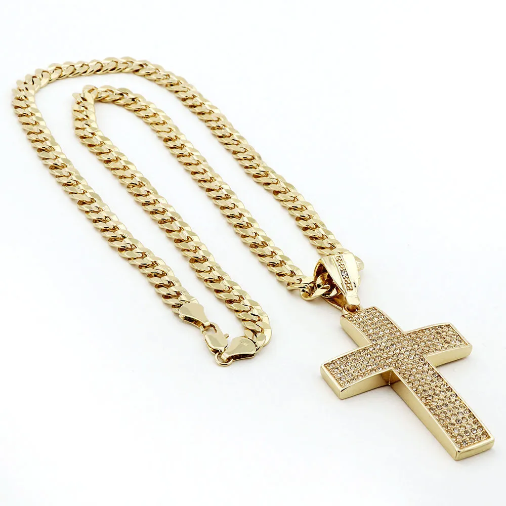 HIP HOP 2PAC CROSS PENDANT & DIAMOND CUT CUBAN LINK CHAIN NECKLACE N34