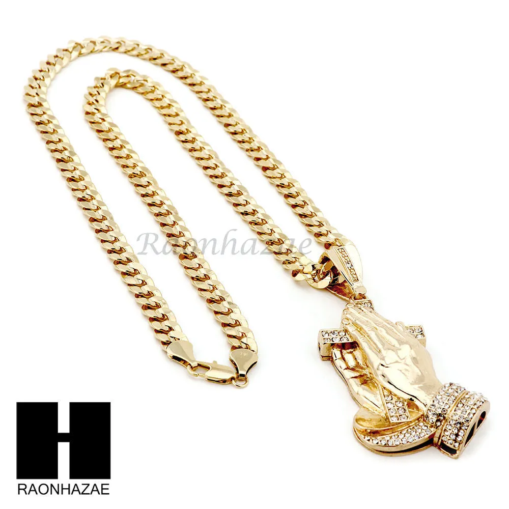 HIP HOP PRAYING HANDS PENDANT 20" 24" 30" CUBAN LINK CHAIN NECKLACE N37