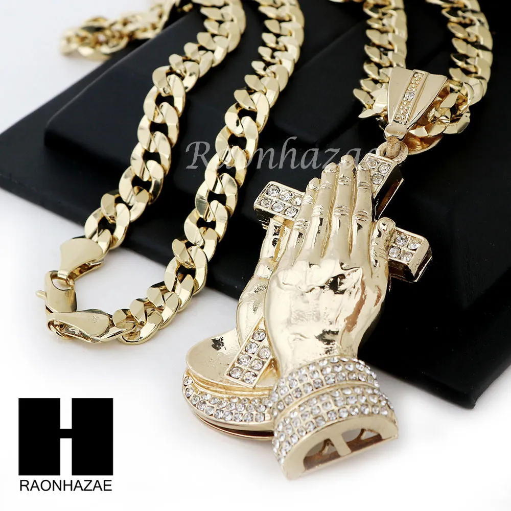 HIP HOP PRAYING HANDS PENDANT 20" 24" 30" CUBAN LINK CHAIN NECKLACE N37