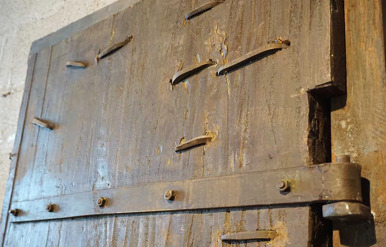 Indian Painted Teak and Iron Mounted (Clavos) Single Door with Frame