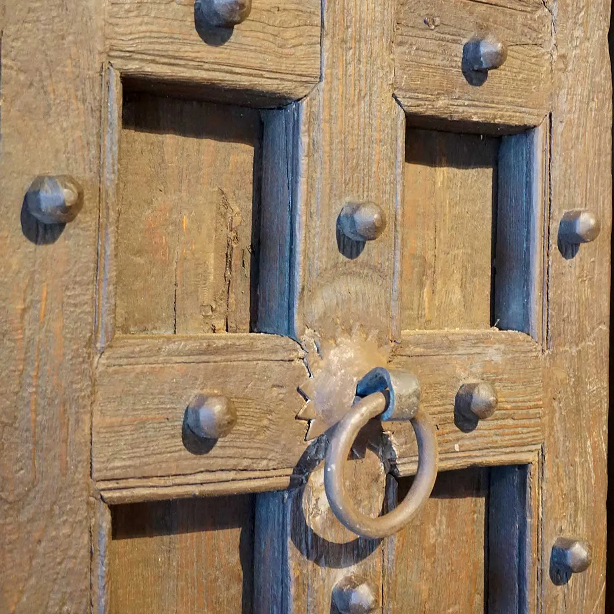Indian Painted Teak and Iron Mounted (Clavos) Single Door with Frame