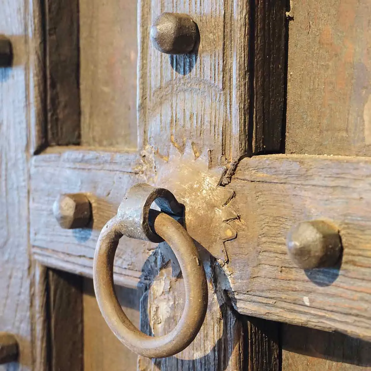 Indian Painted Teak and Iron Mounted (Clavos) Single Door with Frame