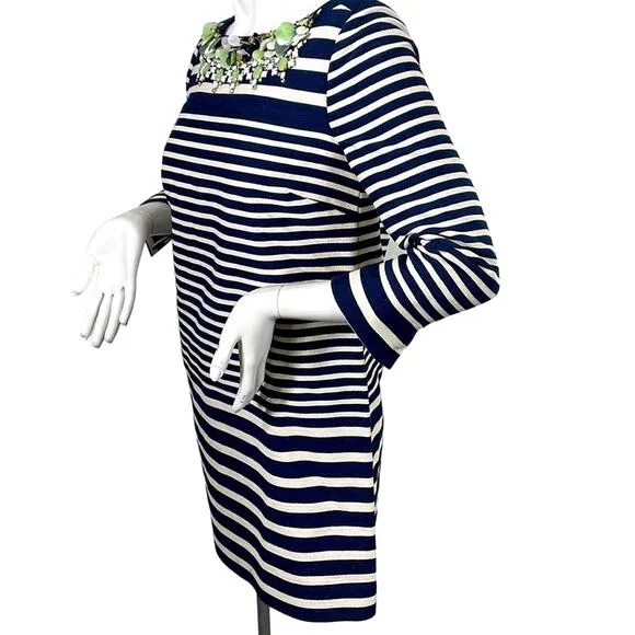 J Crew NWT Navy Cream Striped Jeweled Embellished Neckline Sheath LS Dress Sz 2