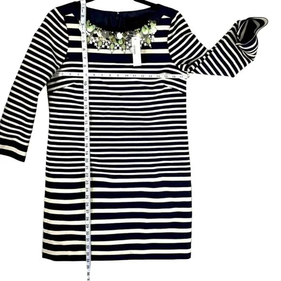 J Crew NWT Navy Cream Striped Jeweled Embellished Neckline Sheath LS Dress Sz 2