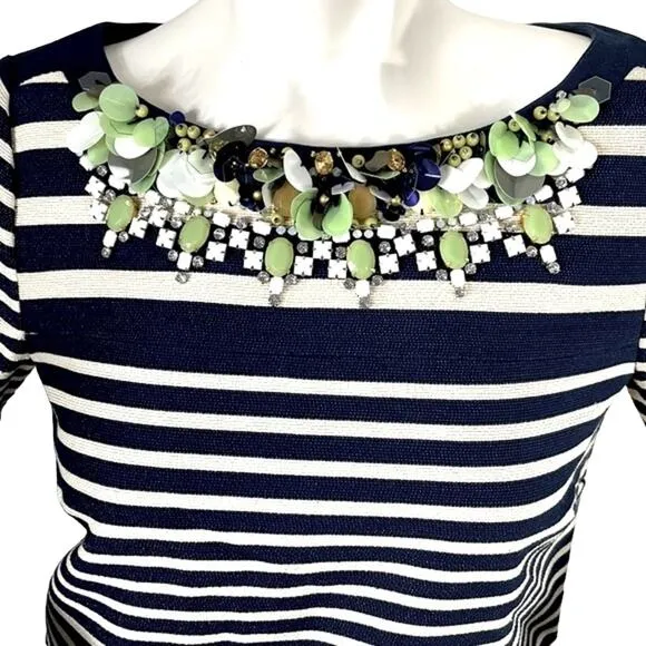 J Crew NWT Navy Cream Striped Jeweled Embellished Neckline Sheath LS Dress Sz 2