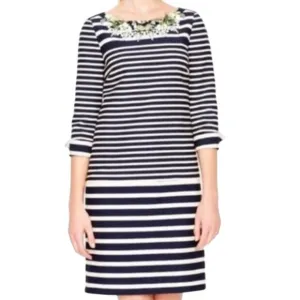 J Crew NWT Navy Cream Striped Jeweled Embellished Neckline Sheath LS Dress Sz 2