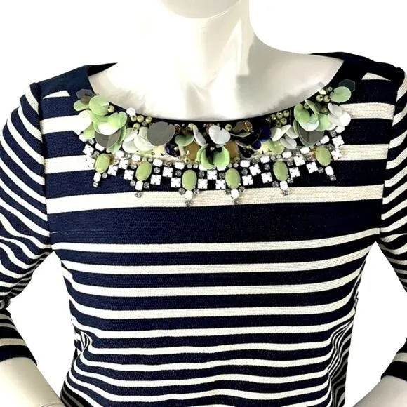 J Crew NWT Navy Cream Striped Jeweled Embellished Neckline Sheath LS Dress Sz 2