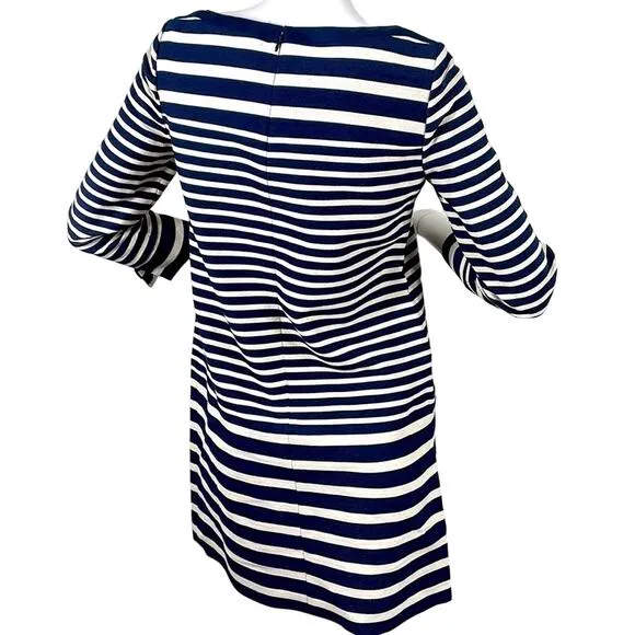 J Crew NWT Navy Cream Striped Jeweled Embellished Neckline Sheath LS Dress Sz 2