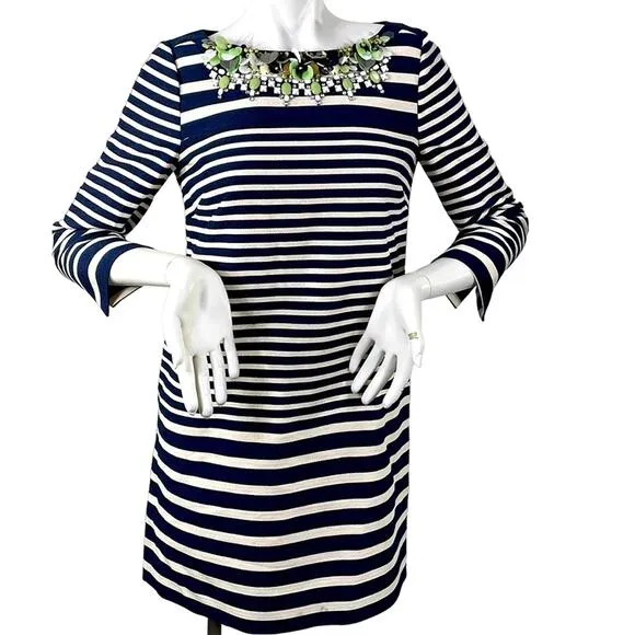 J Crew NWT Navy Cream Striped Jeweled Embellished Neckline Sheath LS Dress Sz 2