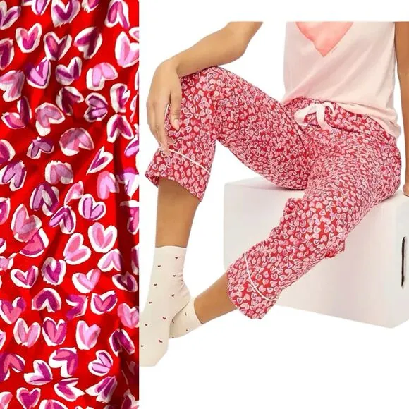 J Crew Pajama Bottoms WMNS S Red Hearts Cropped Print Cotton Valentines Love
