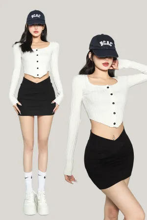 Jeanee Solid Color Black V-shaped High-waisted Slim Mini Skirt