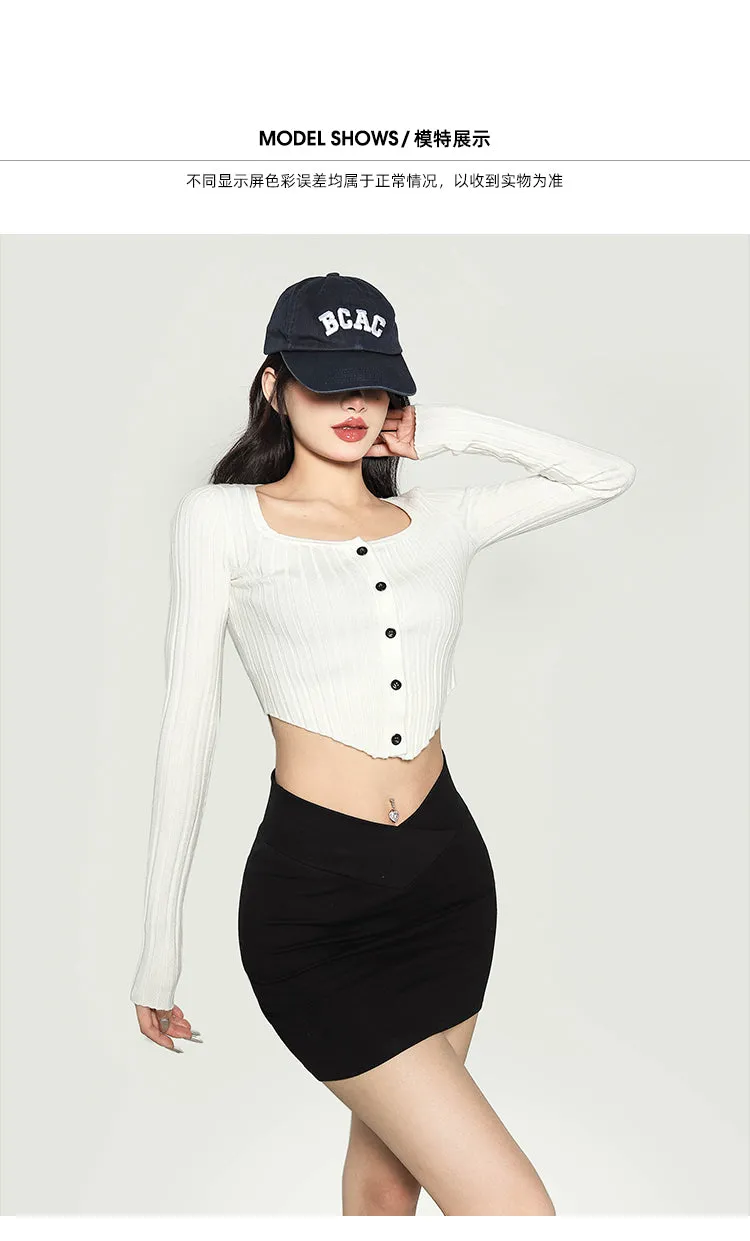Jeanee Solid Color Black V-shaped High-waisted Slim Mini Skirt