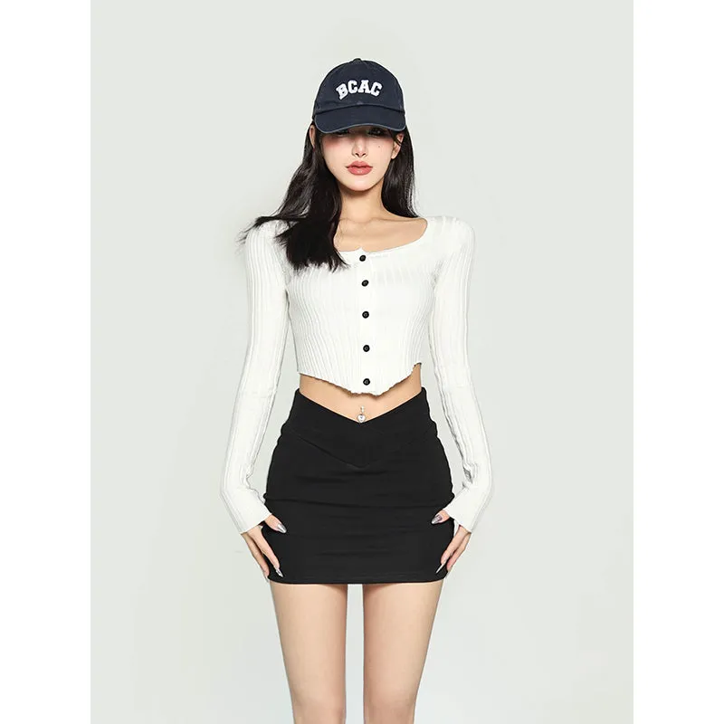 Jeanee Solid Color Black V-shaped High-waisted Slim Mini Skirt
