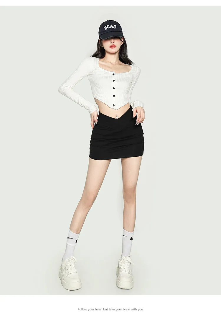 Jeanee Solid Color Black V-shaped High-waisted Slim Mini Skirt