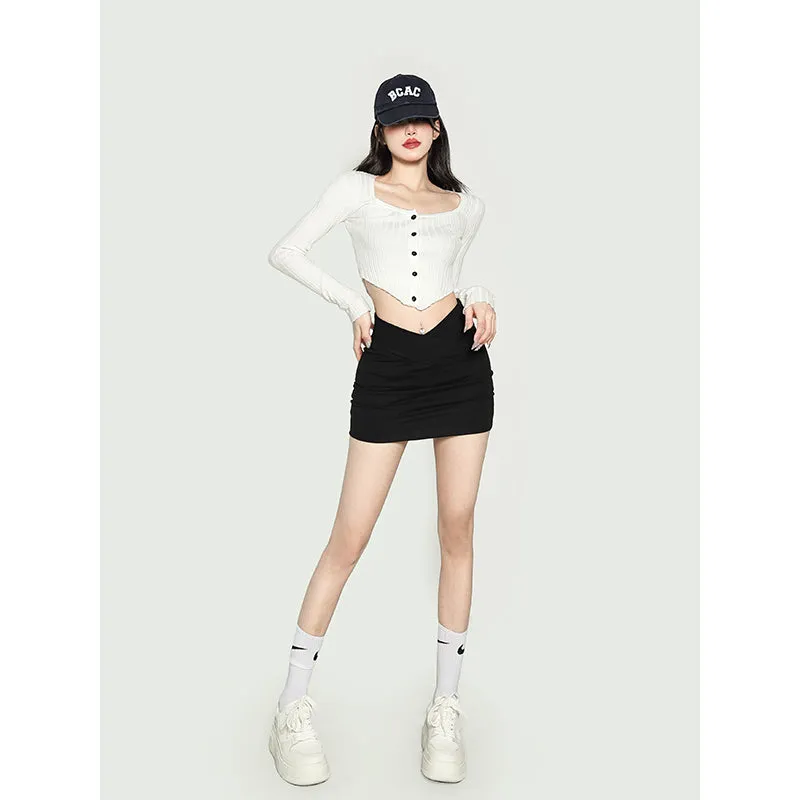 Jeanee Solid Color Black V-shaped High-waisted Slim Mini Skirt