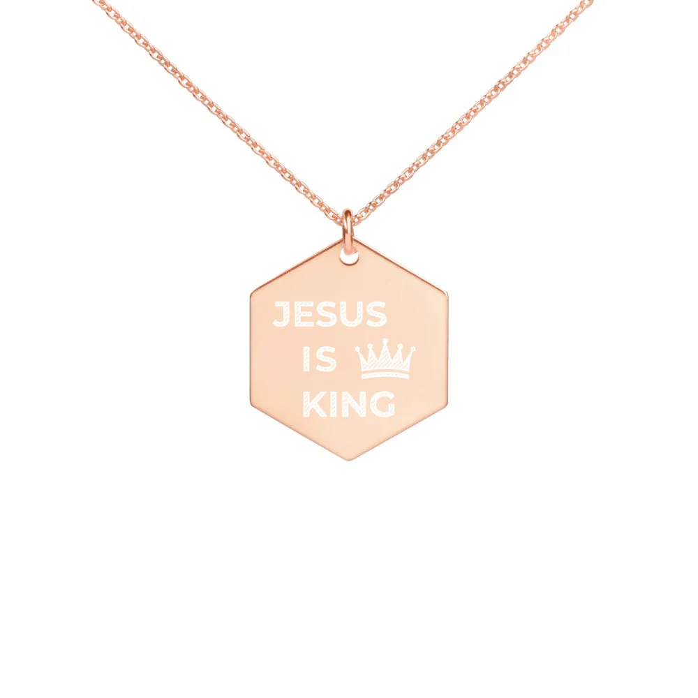 JESUS IS KING Engraved Silver Hexagon Necklace