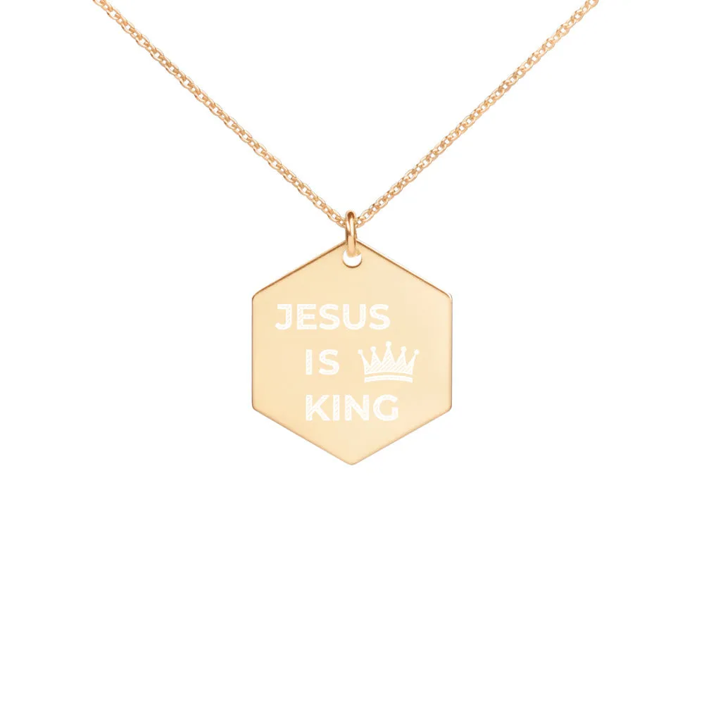 JESUS IS KING Engraved Silver Hexagon Necklace