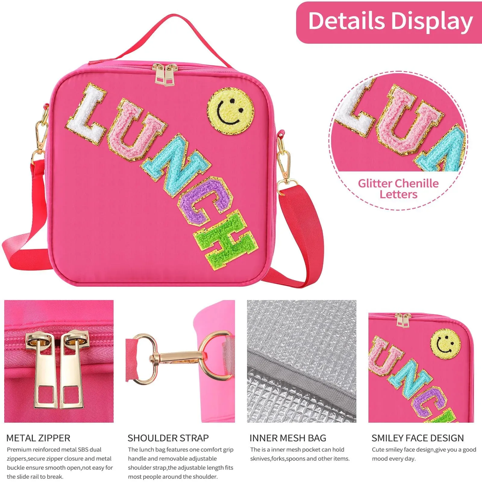 Kawaii Chenille Patch Insulated Lunch Bag 🎒✨ | Adjustable Strap Nylon Lunch Box for School & Picnics 🌈🥪