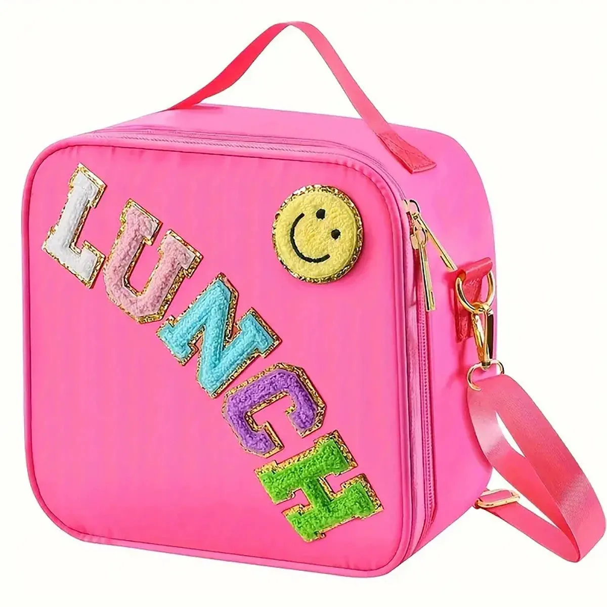 Kawaii Chenille Patch Insulated Lunch Bag 🎒✨ | Adjustable Strap Nylon Lunch Box for School & Picnics 🌈🥪