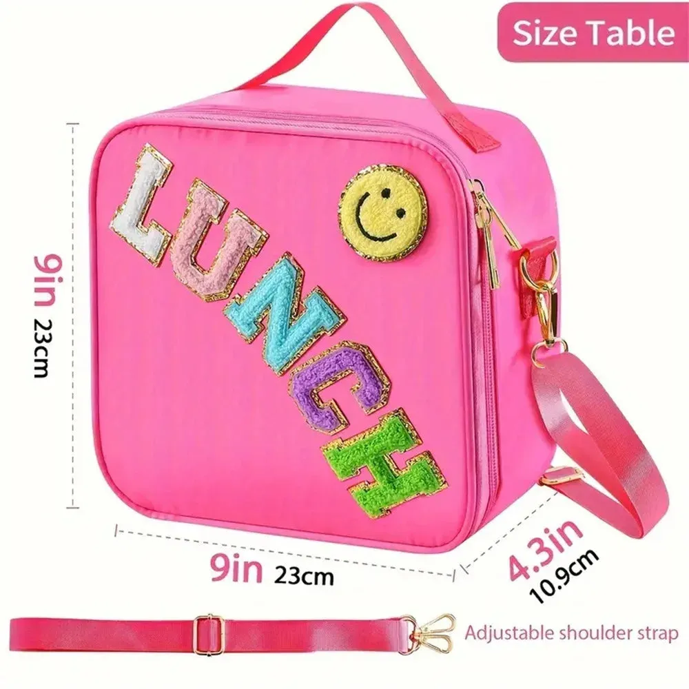 Kawaii Chenille Patch Insulated Lunch Bag 🎒✨ | Adjustable Strap Nylon Lunch Box for School & Picnics 🌈🥪