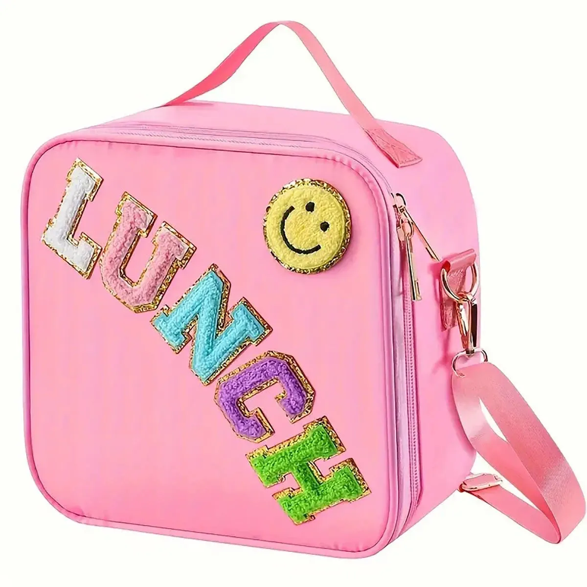 Kawaii Chenille Patch Insulated Lunch Bag 🎒✨ | Adjustable Strap Nylon Lunch Box for School & Picnics 🌈🥪