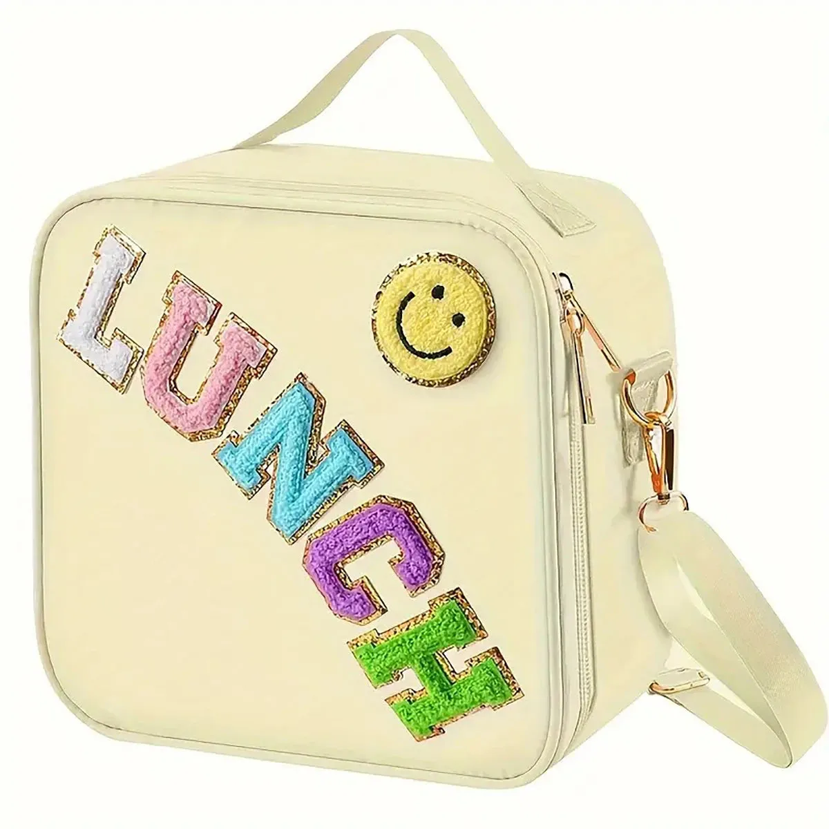Kawaii Chenille Patch Insulated Lunch Bag 🎒✨ | Adjustable Strap Nylon Lunch Box for School & Picnics 🌈🥪