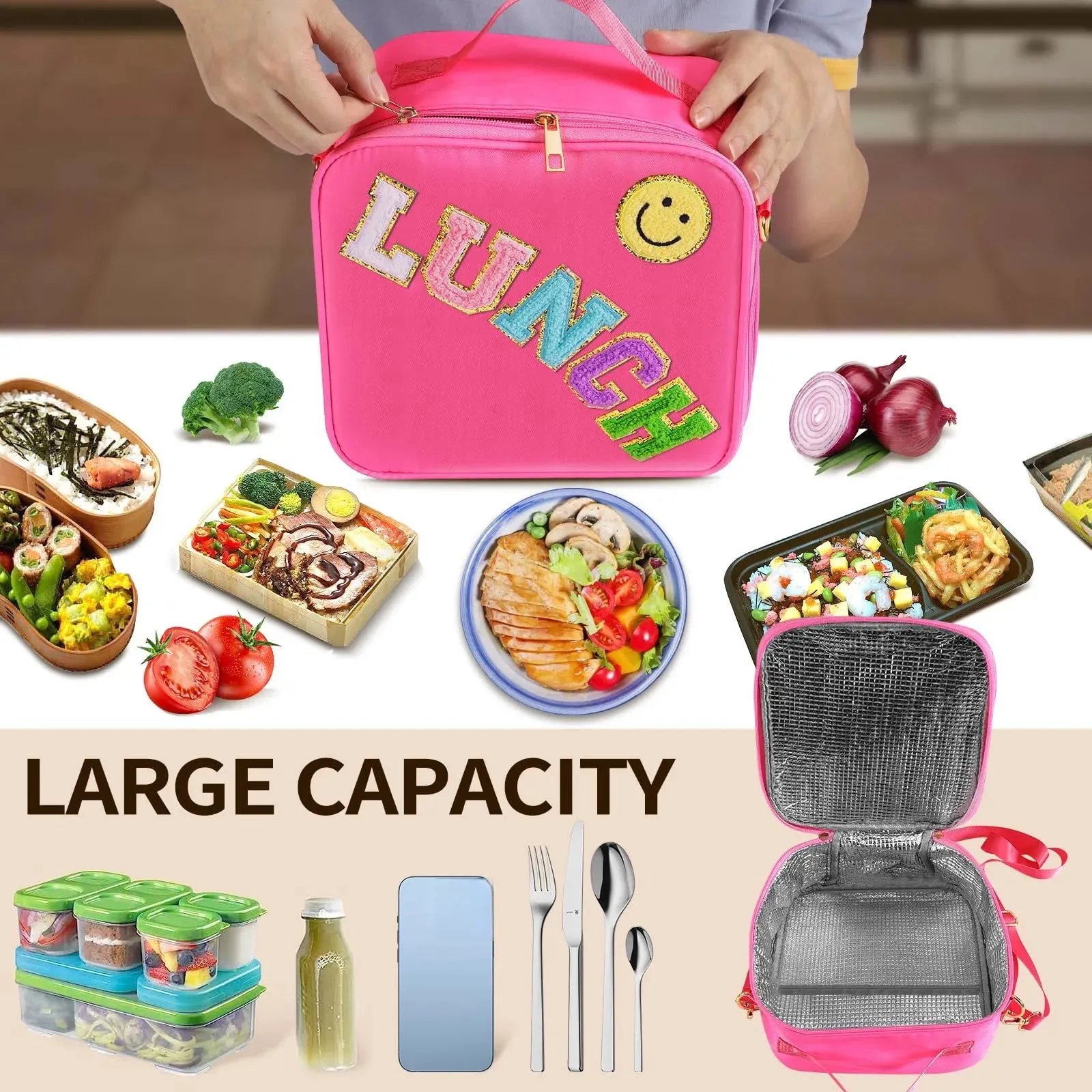 Kawaii Chenille Patch Insulated Lunch Bag 🎒✨ | Adjustable Strap Nylon Lunch Box for School & Picnics 🌈🥪