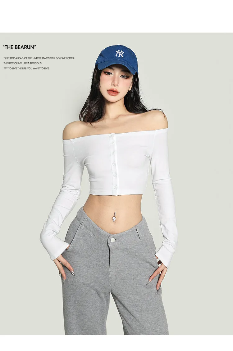 Kiara Solid Color One-shoulder Long-sleeved Off the Shoulder Slim Cropped Top